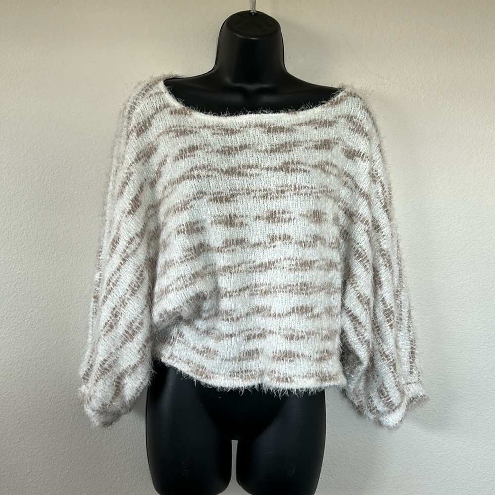 Jolie Cream and Brown Fuzzy Striped Dolman Sleeve Boat Neck Sweater